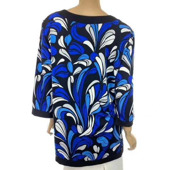 NY Collection Sz XL Blouse Black Blue White Pattern 3/4 Sleeve Polyester/Spandex - Picture 4 of 5
